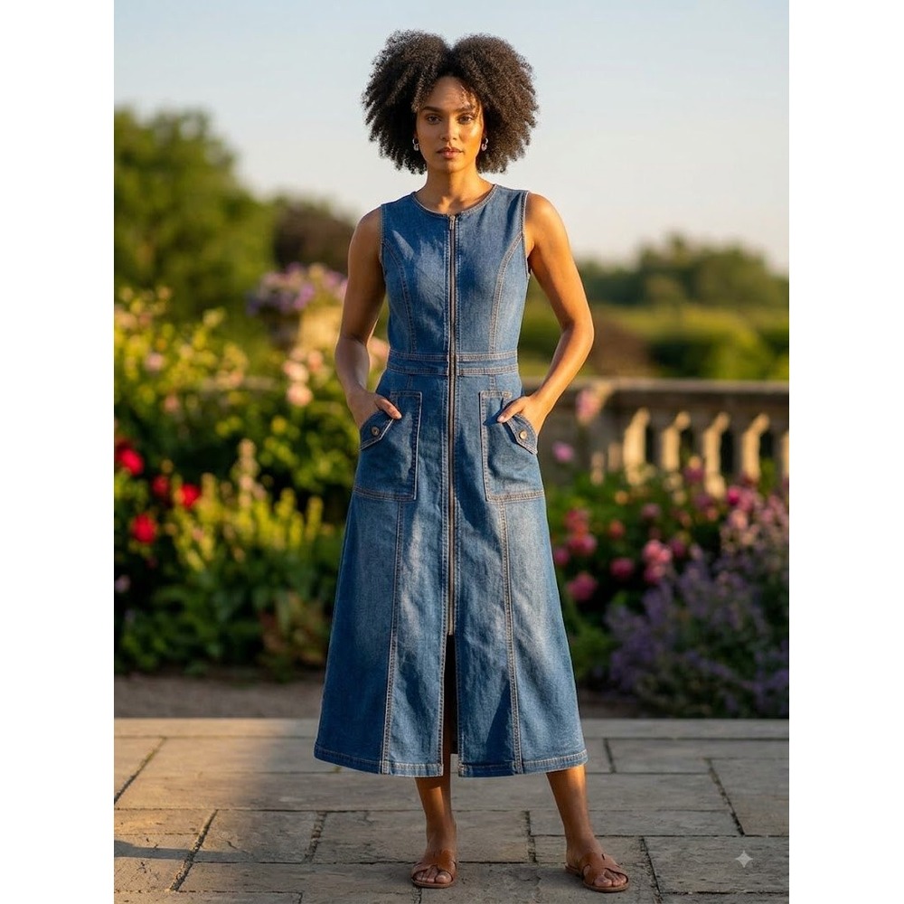 Banana Republic Jean Midi Dress M Zip Sleeveless Utility Western Casual Denim